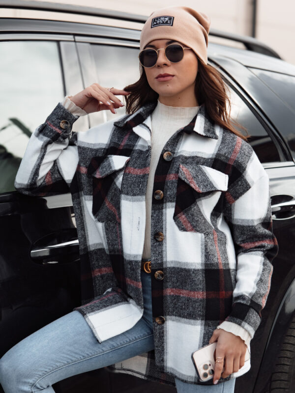 Kurtka damska oversize KRATONIA w kratkę czarno-bordowa Dstreet