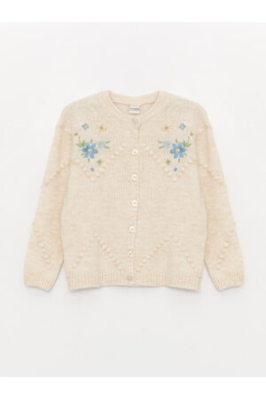 LC Waikiki Crew Neck Embroidered Long Sleeve Girl's Knitwear Cardigan