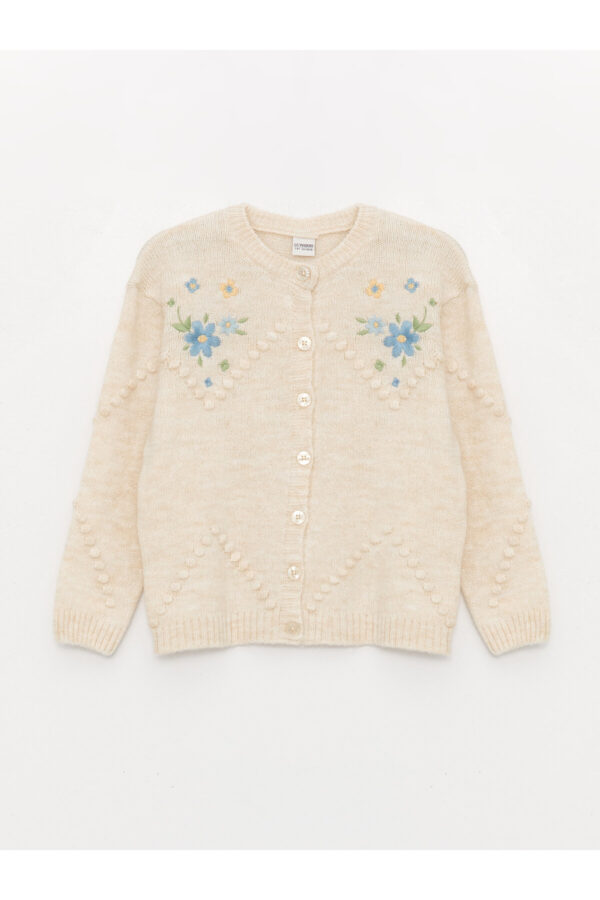 LC Waikiki Crew Neck Embroidered Long Sleeve Girl's Knitwear Cardigan
