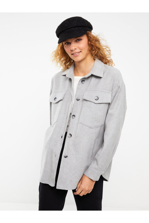 LC Waikiki Front Button Closure Plain Long Sleeve Women's Tweed Shirt Jacket