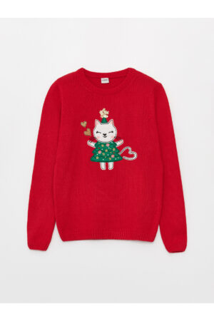 LC Waikiki Girls' Crew Neck Christmas Themed Long Sleeve Knitwear Sweater