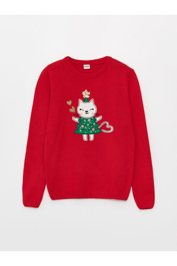 LC Waikiki Girls' Crew Neck Christmas Themed Long Sleeve Knitwear Sweater