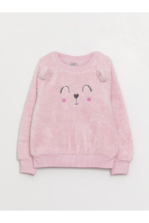 LC Waikiki Girls' Crew Neck Embroidered Long Sleeve Plush Sweatshirt