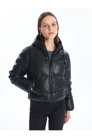 LC Waikiki Hooded Plain Leather Look Women's Puffer Jacket