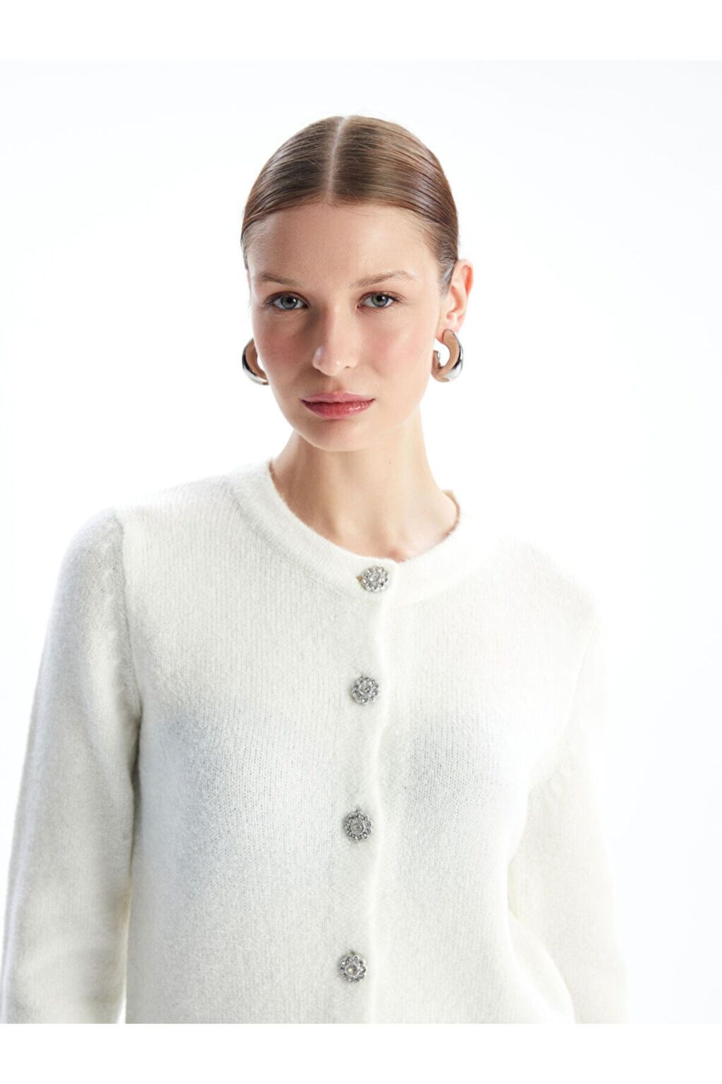 LC Waikiki LCW Crew Neck Plain Long Sleeve Women's Knitwear Cardigan