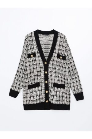 LC Waikiki V Neck Plaid Women's Knitwear Cardigan