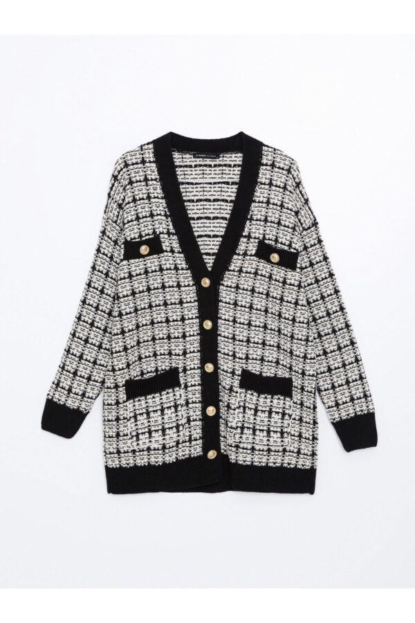 LC Waikiki V Neck Plaid Women's Knitwear Cardigan
