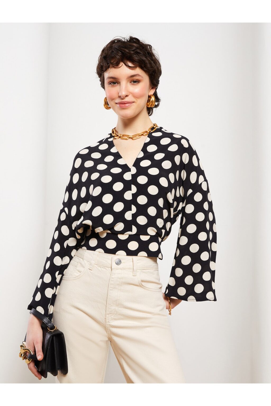 LC Waikiki Women's V-Neck Polka Dot Long Sleeve Viscose Blouse