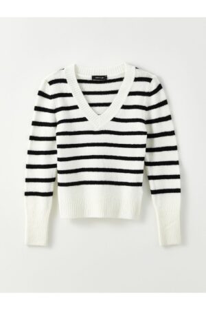 LC Waikiki Women's V-Neck Striped Long Sleeve Knitwear Sweater