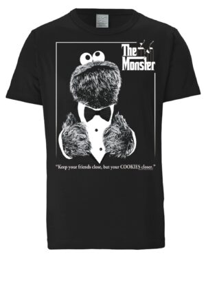 LOGOSHIRT Póló 'Sesamstrasse - Krümelmonster Pate'  fekete / fehér-hu