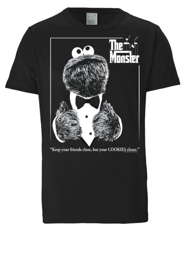 LOGOSHIRT Póló 'Sesamstrasse - Krümelmonster Pate'  fekete / fehér-hu