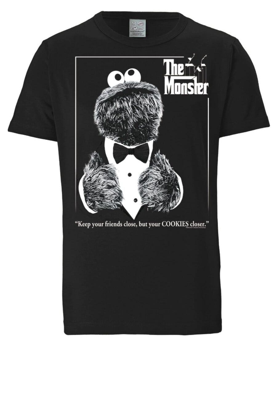 LOGOSHIRT Póló 'Sesamstrasse - Krümelmonster Pate'  fekete / fehér-hu