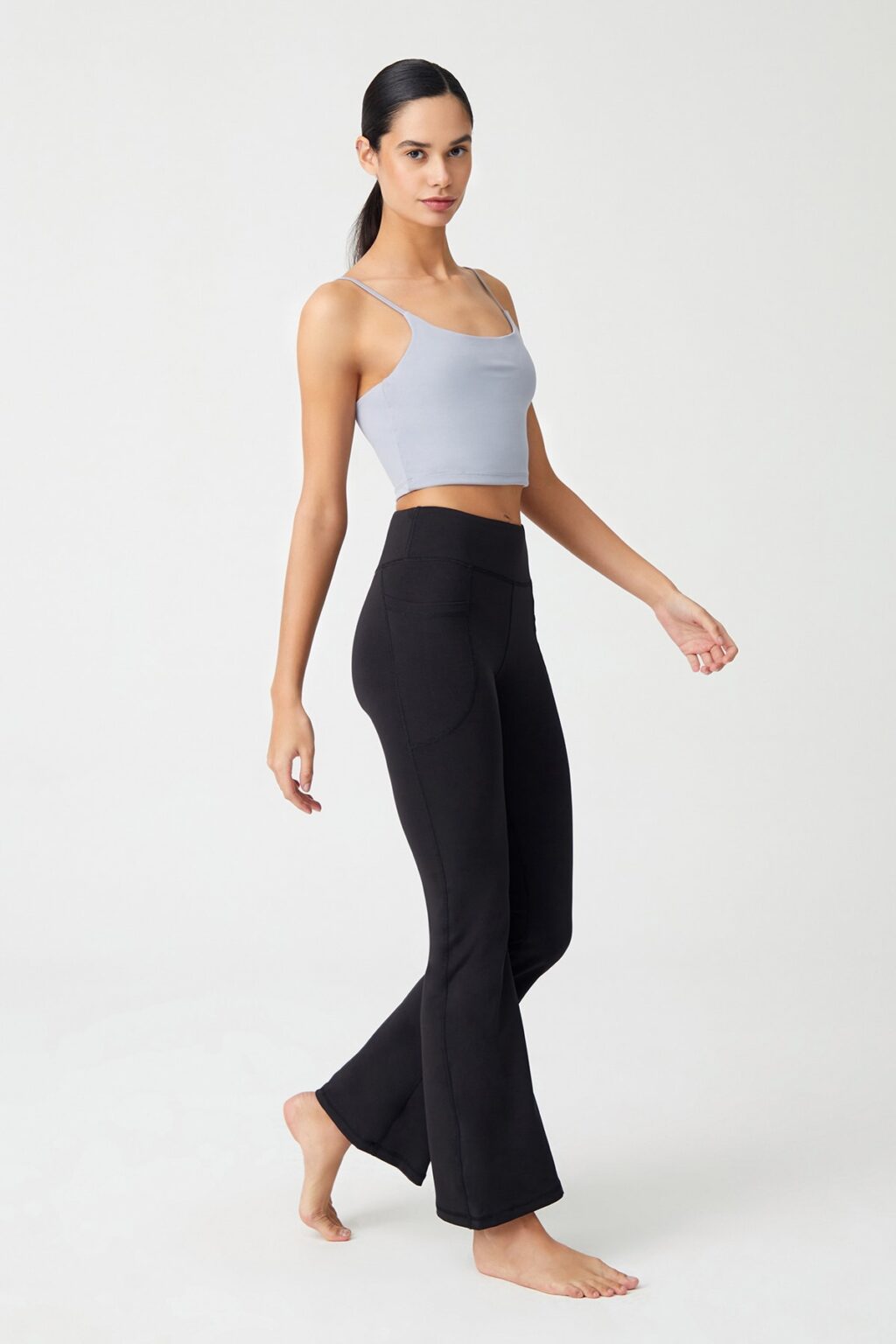 LOS OJOS női fekete magas derékkompressziós dupla zsebes fáklyás leggings