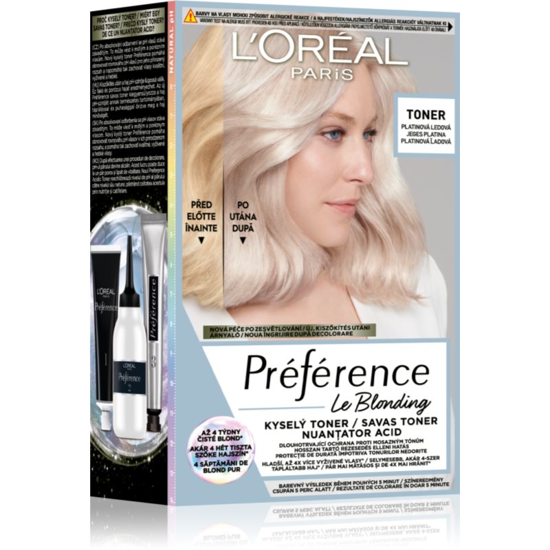 L’Oréal Paris Préférence Le Blonding Toner savas hajfesték árnyaló semlegesítő réz alaptónusok árnyalat 01 Platinum Ice 1 db-Ár