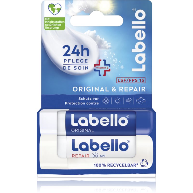 Labello Original & Repair bőrmegújító hidratáló ajakbalzsam 2x4.8 g-ár