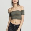 Ladies Cropped Cold Shoulder Smoke Top Olive