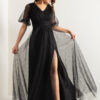 Lafaba Women's Black Balloon Sleeve Silvery Long Evening Dress