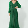 Lafaba Women's Emerald Green Double Breasted Neck Silvery Long Flared Evening Dress
