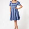 Lafaba Women's Indigo Balloon Sleeve Flared Cut Midi Satin Evening Dress