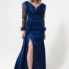 Lafaba Women's Navy Blue V Neck Sleeves Stoned Slit Long Evening Dress