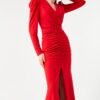 Lafaba Women's Red Long Sleeve Double Breasted Neck Slit Evening Dress