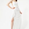 Lafaba Women's White Bust Draped Glittery Slit Evening Dress.