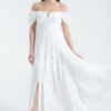 Lafaba Women's White Open Shoulder Slit Detailed Tulle Evening Dress