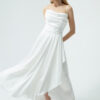 Lafaba Women's White Satin Midi Length Evening Dress & Prom Dress with Ruffles and a Slit.