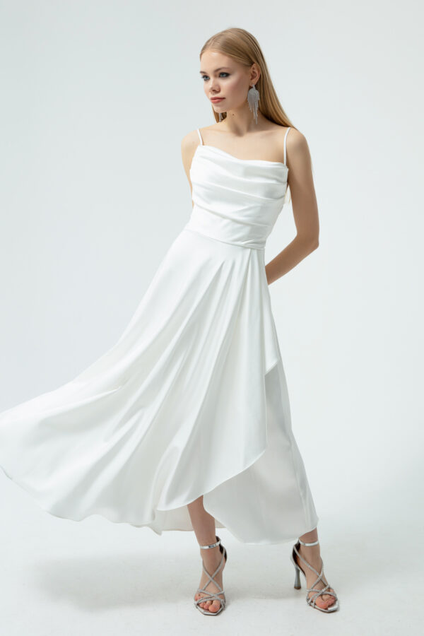Lafaba Women's White Satin Midi Length Evening Dress & Prom Dress with Ruffles and a Slit.