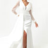 Lafaba Women's White V-Neck Sleeves Stoned Slit Long Evening Dress