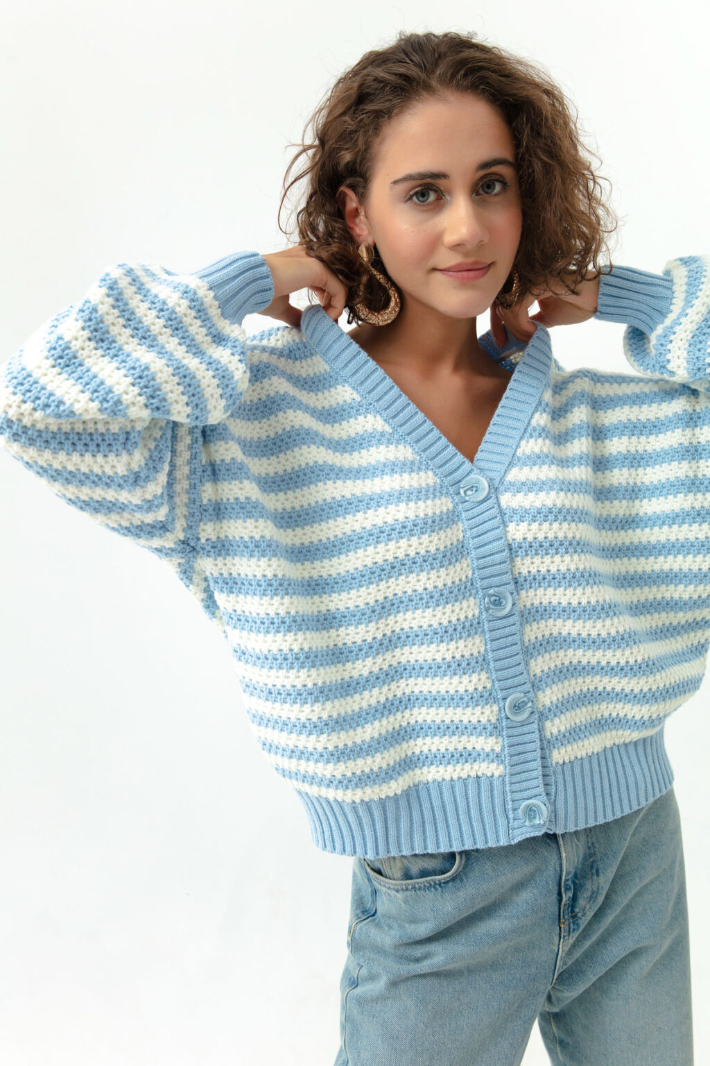 Lafaba női baba kék oversize csíkos kötöttáru Cardigan