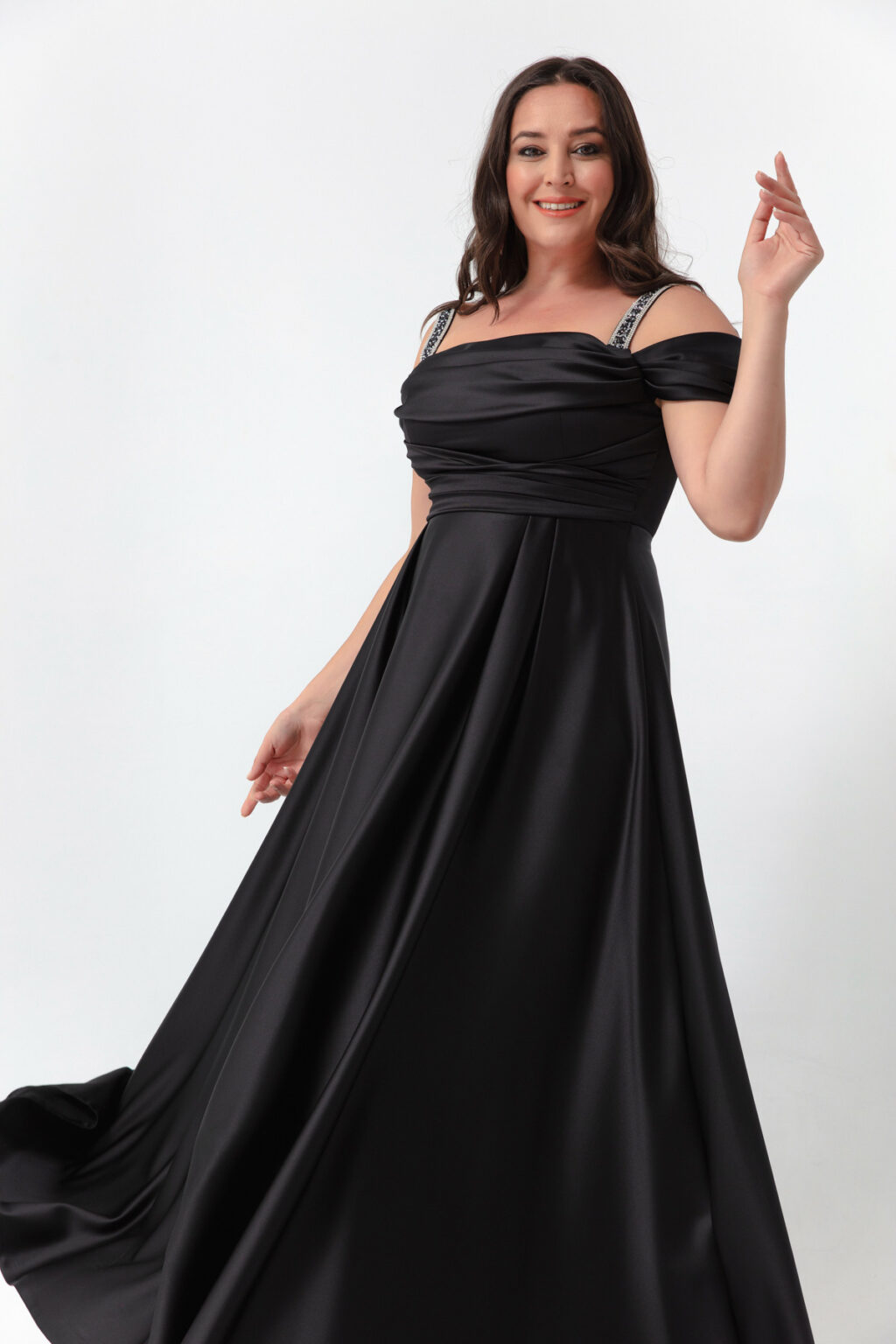 Lafaba női fekete kőpántos draped plus size hosszú estélyi ruha