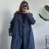 Laluvia Navy Blue Button Detailed Belted Long Trench Coat