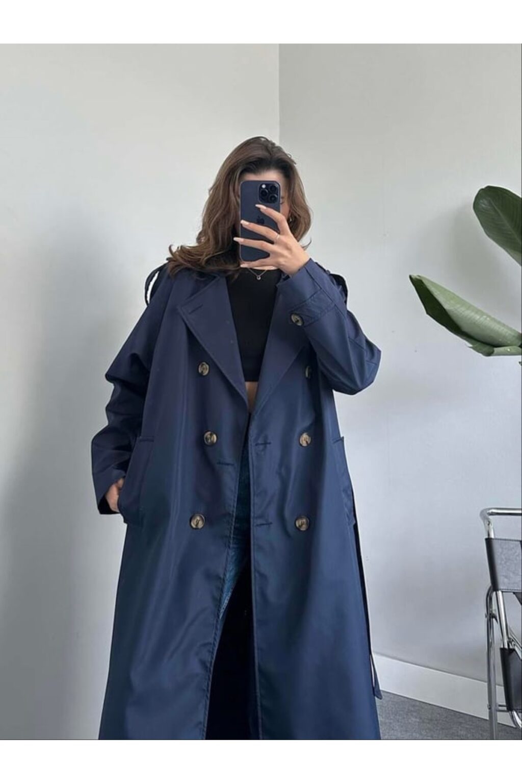 Laluvia Navy Blue Button Detailed Belted Long Trench Coat