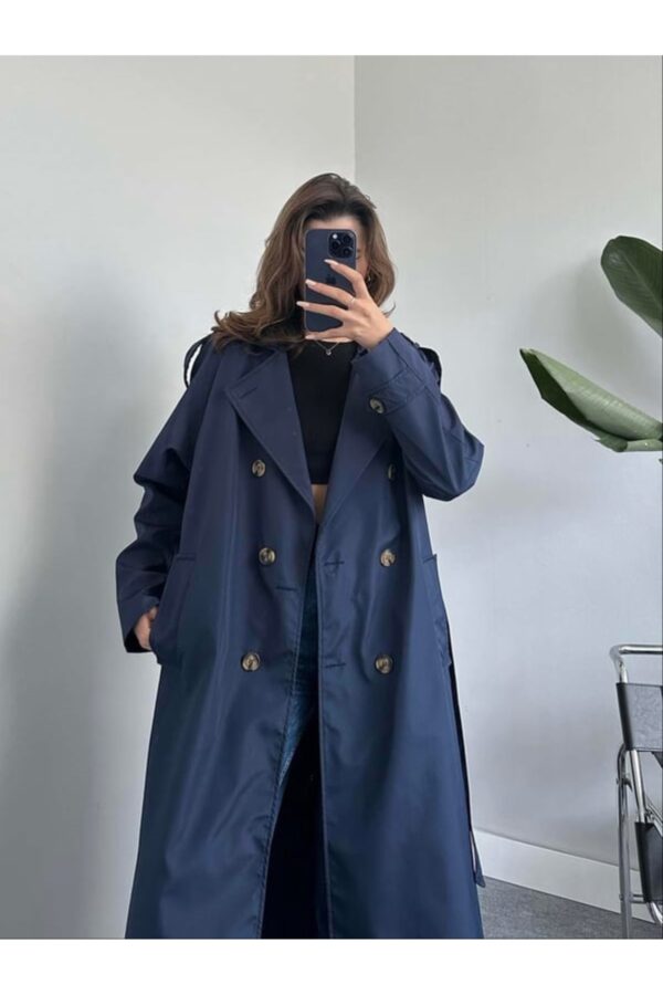 Laluvia Navy Blue Button Detailed Belted Long Trench Coat