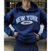 Laluvia Navy Blue Premium Cotton New York Print Hooded Sweatshirt