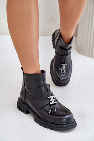 Leather ankle boots on a flat heel with a black insulated black Asperra decoration