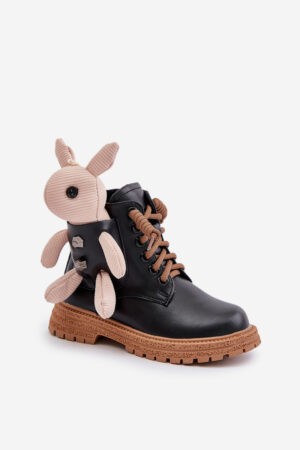 Leather insulated children's ankle boots with a zipper with a Vinceza bear black