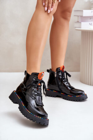 Leather patent leather ankle boots Workers with zip black Anafra