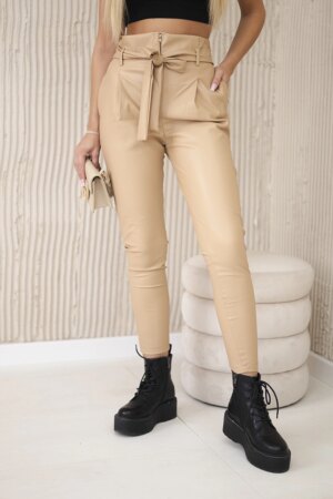 Leather trousers with tie front beige