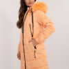 Light orange quilted winter jacket with fur