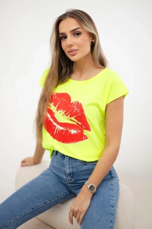 Lip print blouse yellow neon+red