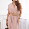 Long dress with decorative belt powder pink