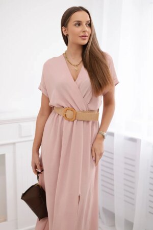 Long dress with decorative belt powder pink