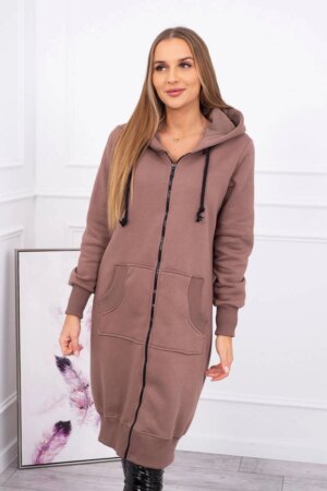 Long insulated sweatshirt with mocha hood