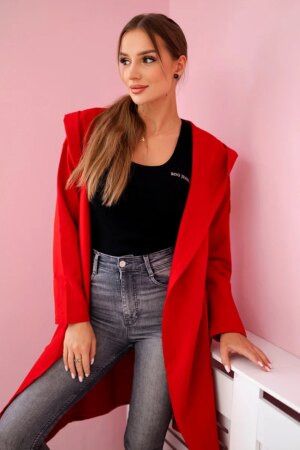 Long red hooded cardigan