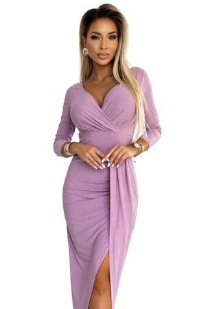 Long shiny dress with a neckline and slit on the legs Numoco