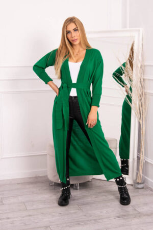 Long sweater with waist tie in green color