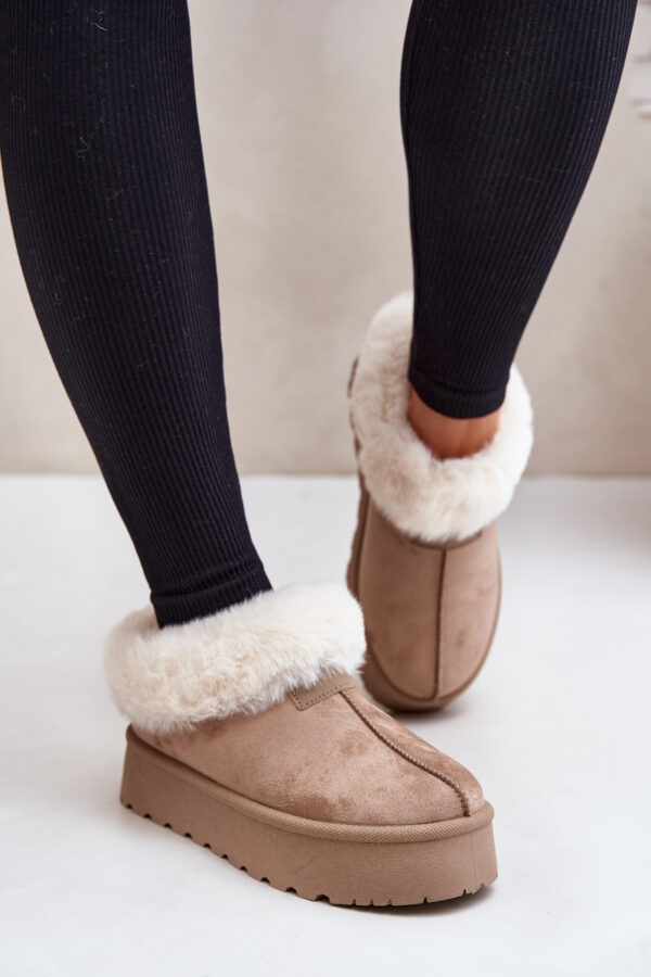 Low shin snow boots with fur on a platform made of eco-suede dark beige Neathoria
