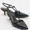 LuviShoes FRANS Black Skin Women's Pointed Toe Open Back Short Heeled Shoes